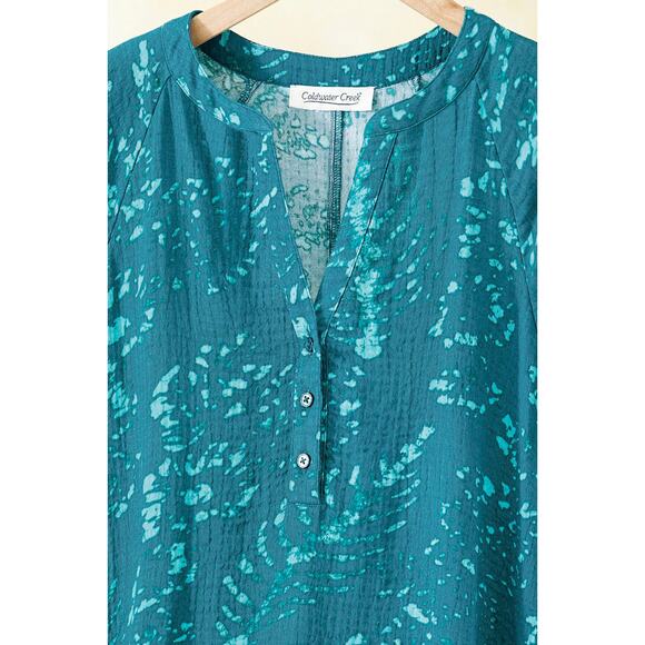 NEW Coldwater Creek Gauze Caftan Size XL Teal Batik Brushstroke Lagenlook Cotton - Picture 3 of 15